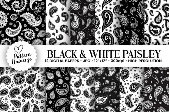 Black White Paisley Digital Papers