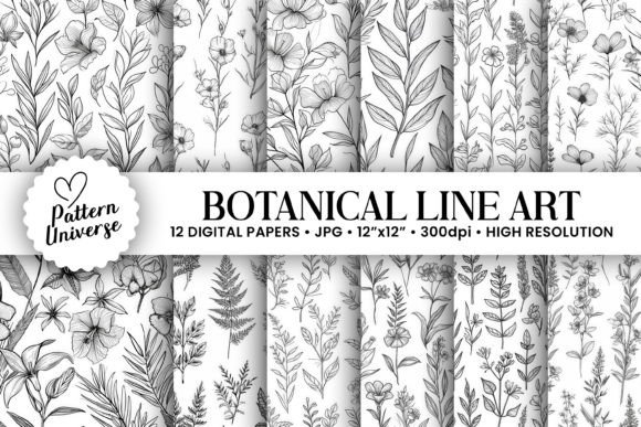Botanical Line Art Floral Digital Papers
