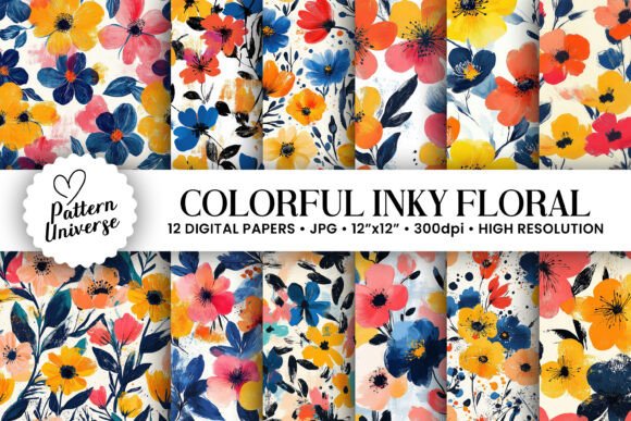 Colorful Inky Floral Digital Papers