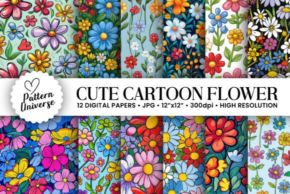 Cute Cartoon Flowers Digital Papers