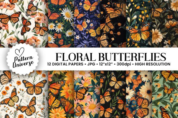 Floral Monarch Butterflies Digital Paper