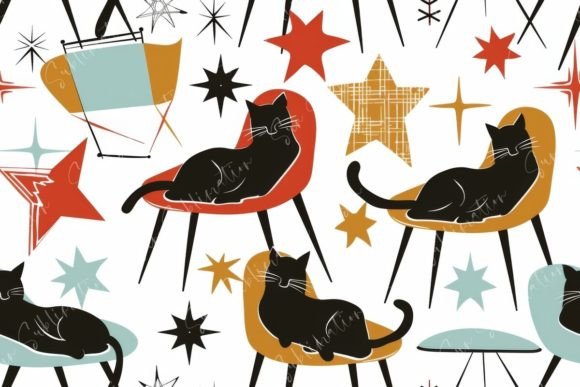 Mid-Century Modern Cats Seamless Pattern