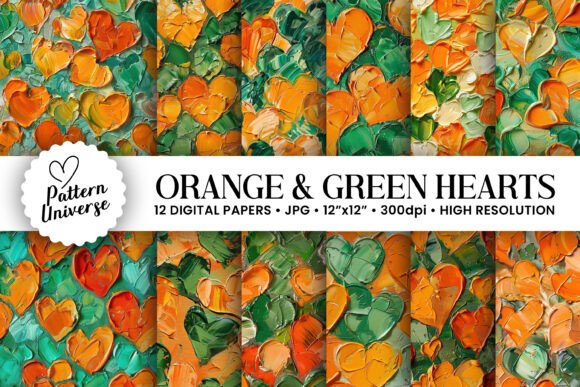 Orange Green Impasto Painted Hearts