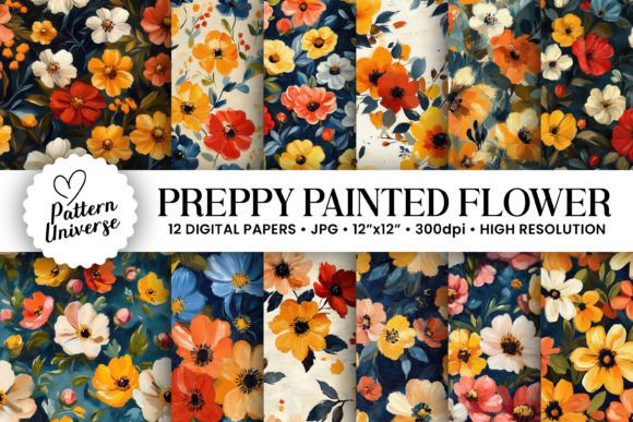 Preppy Painted Flowers Digital Papers