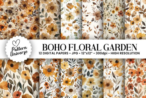 Watercolor Boho Flowers Digital Papers