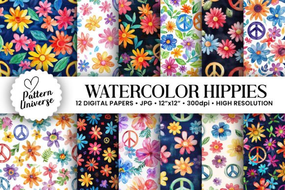 Watercolor Hippie Flowers Backgrounds: Elevate Your Creative Projects with Seamless Digital Art
