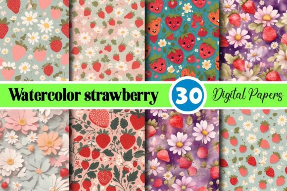 Watercolor Strawberry Paper Pattern Set